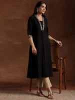 Black Yoke Design Silk A-Line Kurta - Image 4