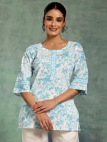 White Printed Cotton Straight Kurti - Image 3