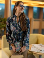 Blue Printed Silk Blend A-Line Short Kurti