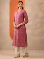 Mauve Embroidered Silk Blend Straight Kurta - Image 3