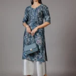 Navy Blue Yoke Design Silk Straight Kurta