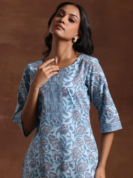 Blue Printed Cotton Straight Kurti