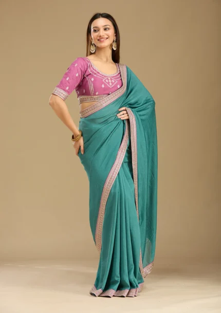 Sea Green Zariwork (Gold) Soft Raw Silk Saree