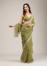 Mehendi Zariwork Tissue Saree - Image 2