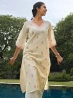 Off white Embroidered Cotton Straight Kurta - Image 2