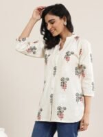 Off White Printed Cotton Straight Short Kurti - Image 2
